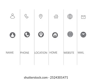 Business Card Icon Set. Vector minimal symbols, name, home, place, web, address, mail,  background illustration