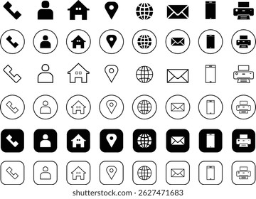 Business card icon set. web icon set. contact information icon. Contact Line Icons. Editable Stroke. Phone, name, home, Location, globe, Message, Email business card icon vector.