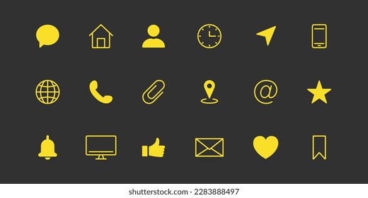 Business Card Icon Set. Yellow Simple Communication Lina and Silhouette Icon. Contact Info Pictogram. Address, Email, Phone, Message, Chat. Set of Website Pictogram. Vector illustration.