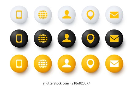 Business card icons in claymorphism style. Round matte buttons. Set of vector clipart isolated on white background. Contacts icons.