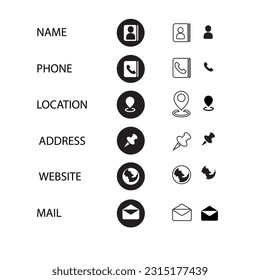 business card icons collection, set of icons , email, location, web, address, phone, name, mail