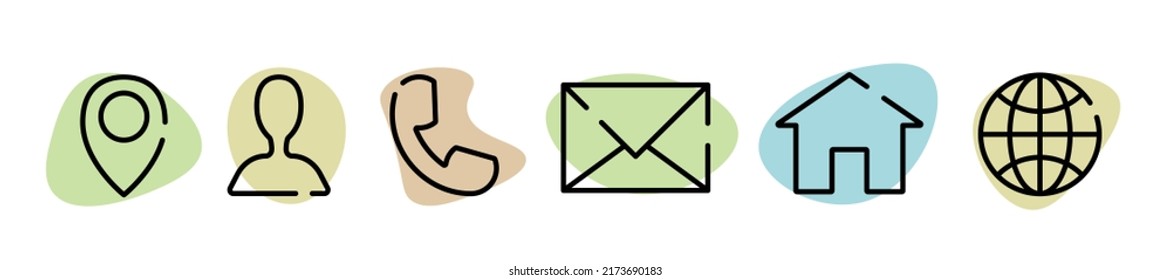 Business card icons. Contacts icons. Phone, user, envelope, address, home, at sign. Black vector icons isolated on white background. Vector clipart.