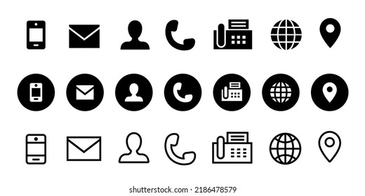 Business card icons. Contacts icons. Phone, user, envelope, address, fax machine. Website icons. Black vector icons isolated on white background. Vector clipart.