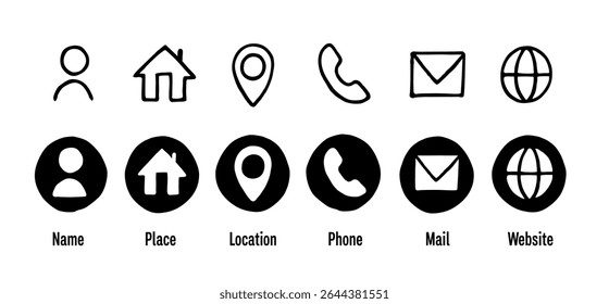 Business Card Icons Handdrawn Doodle Name Location Place Phone Mail Website Round Line Art