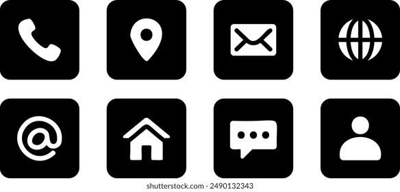 Business card icons include minimalist representations of a phone, email, address, website, social media, fax, and mobile phone, designed for easy recognition.