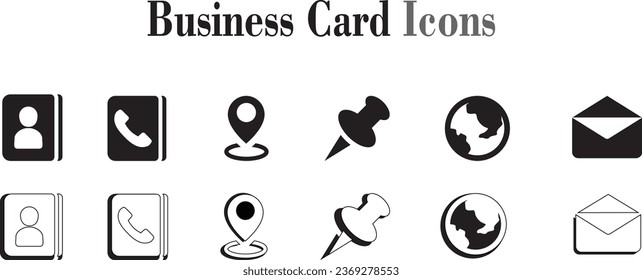 Business card icons information collection. Contact us icon set. black and white icon series.