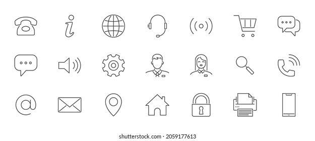 Business Card Icons. Name, Phone, Mobile, Location, Place, Mail, Fax, Web. Contact Us, Information, Communication. Vector Illustration for Web Site or Mobile App. Editable Stroke Related Line Icons.