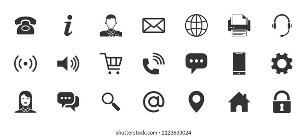 Business Card Icons. Name, Phone, Mobile, Location, Place, Mail, Fax, Web. Contact Us, Information, Communication. Vector Illustration for Web Site or Mobile App. Editable Filled Related Glyph Icons.