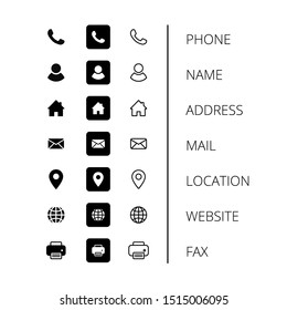 Business card icons. Phone, name, mail, address, fax, location, website icons. Vector