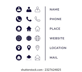 Business card icons Set. Contains icons name, phone, place, website, location, , mail.