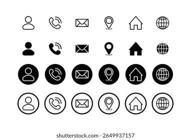 Business card icons set vector. Contact information icons for website. Name, Phone, Email, Location, Address, Web Transparent PNG.