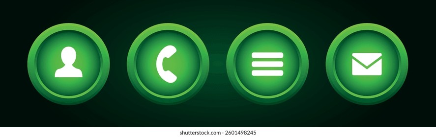 Business card icons. Website icons. Green vector buttons.