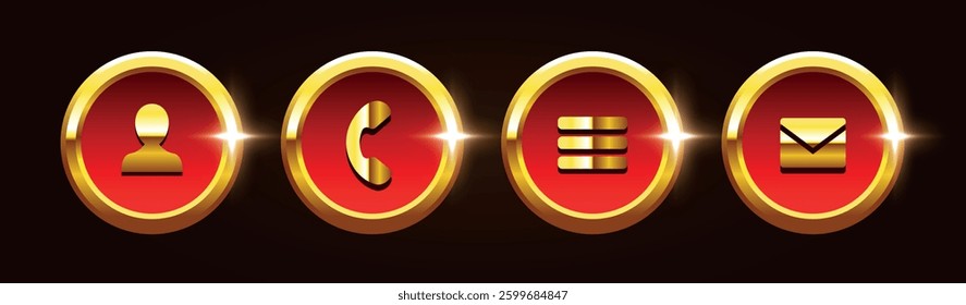 Business card icons. Website icons. Red buttons in a gold frame. Vector icons. 
