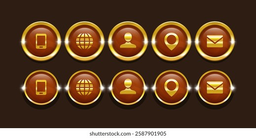 Business card icons. Website icons. Round wooden icons in a gold frame.