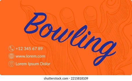 Business card with information about bowling club, contacts, location and website, phone number for dialing. Entertainment and sports, activity and leisure hobby. Vector in flat style illustration
