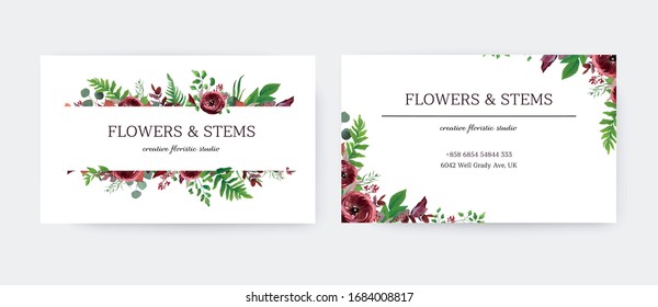 Tarjeta de presentación, invitar, guardar la plantilla de diseño floral vectorial de fecha. Jardín rojo Flores ruinosas, ramas de burdeos y eucaliptos plateados, helechos verdes y plantas botánicas hojas de color agua marco