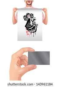 business card isolated in a hand on the white backgrounds The blank can be replaced with the design you need.