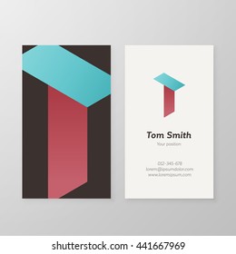 Business card with isometric letter T template. Vector business card editable design.