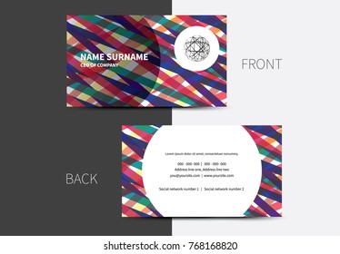 A business card layout with colored lines and circle elements divided template
