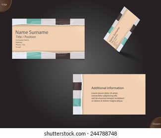 Business card layout with modern creamy colors and ornaments made from triangles with tear off center part and with important writing on the light board.