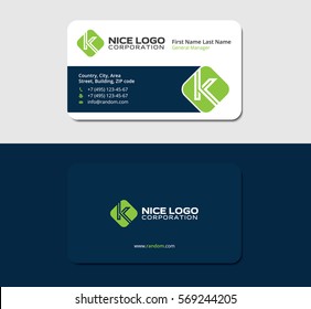 Business Card With The Letter K, Green Color, Dark Blue Backside