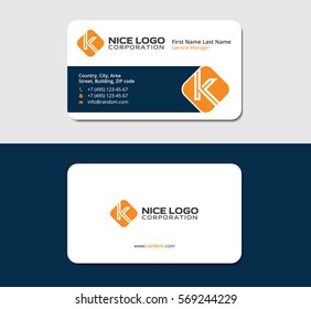 business card with the letter K, orange color, white backside