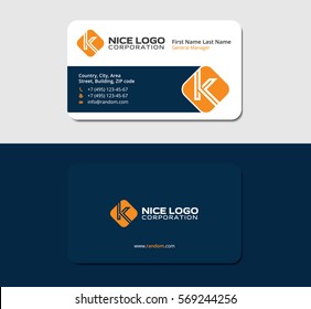 Business Card With The Letter K, Orange Color, Dark Blue Backside