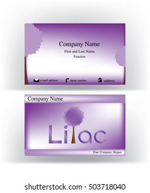 Business card with lilac text where l letter is represented by a lilac tree