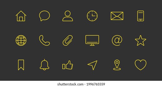 Business Card Line Icon Set. Yellow Simple Communication Linear Icon. Contact Info Pictogram. Address, Email, Phone, Message, Chat. Set of Website Pictogram. Editable stroke. Vector illustration.