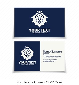 Business card with lion emblem consisting lion head cyan color flat style on background for shield firm, business company, label, badge, sticker. Vector Illustration