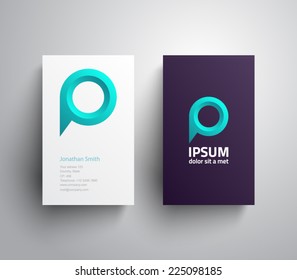 Business card with logo speech bubble, map point, chat, social network, ubication, position. Corporate, company, identity, branding, brand. Clean and modern style design