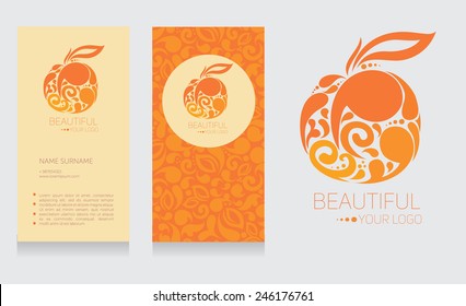 Business card and logo template in orange colors, beautiful fruit design, vector illustration