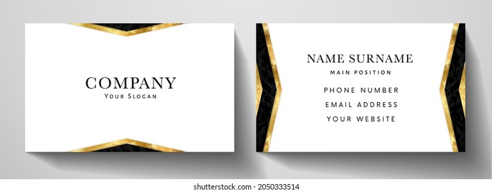 Business card with luxury abstract black and gold triangle pattern on white background. Formal premium template for invitation design, prestigious Gift card, voucher or luxe  name or credit card