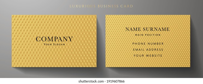 Business card with luxury abstract gold triangle pattern (carbon texture). Formal premium background template useful for invitation design, Gift card, voucher or gift coupon