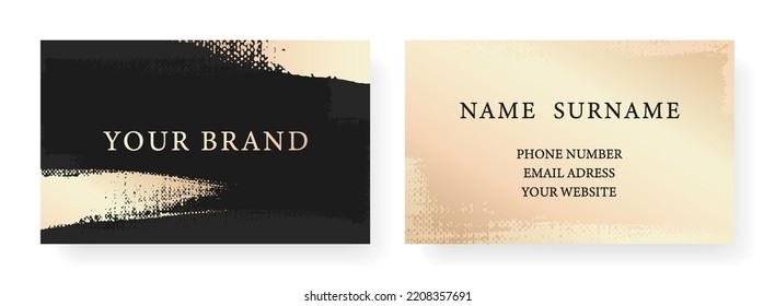 Business card with luxury. Creative art pattern with gold brush stroke, paint drop (spot) on beige and black background. Formal premium template for invitation design, Gift card, voucher or luxe name 