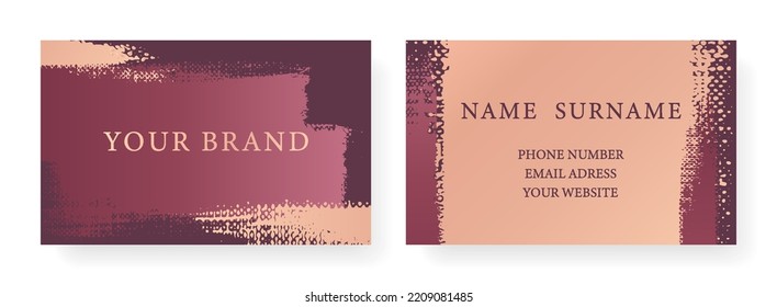 Business card with luxury. Creative art pattern with gold brush stroke, paint drop (spot) on purple background. Formal premium template for invitation design, Gift card, voucher or luxe name 