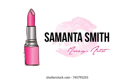 Business card for make up artist. Pink Hand-drawn Lipstick and Pink Kiss. Logo vector template illustration