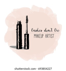 Business card make-up artist. Mascara with a brush And Calligraphic inscription of lashes don't lie On the watercolor beige spot. Design for logo, business card, advertisement logo vector illustration