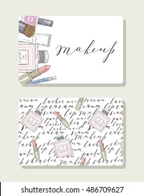 Business card for makeup artist, pattern with handwritten words about beauty, cosmetics and makeup. Perfume and lipstick. Black text on a white background.