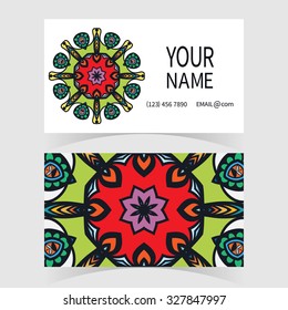 Business Card with Mandala ornament and floral geometric pattern. Vintage decorative elements, arabic indian motif.