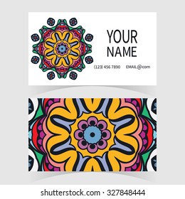 Business Card with Mandala ornament and floral geometric pattern. Vintage decorative elements, arabic indian motif.