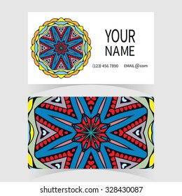 Business Card, Mandala round ornament floral geometric pattern. Vintage decorative design elements, tribal ethnic arabic indian motif. Abstract graphic illustration