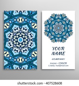 Business Card, Mandala round ornament floral geometric pattern. Vintage decorative design elements, tribal ethnic arabic indian motif. Abstract graphic illustration