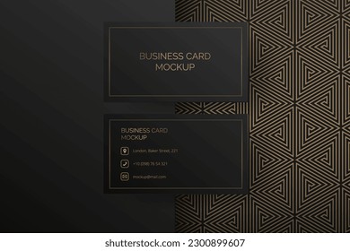 Tarjeta de visita que se burla de la plantilla. Resumen de diseño art deco en negro y oro con triángulos geométricos, patrón de mosaico. Presentación de tarjetas de identidad, estilo de lujo. Simulación perfecta para la marca corporativa