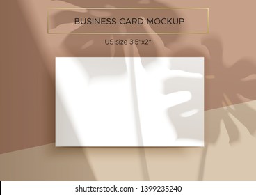 Business card Mockup. Natural overlay lighting shadows of the monstera leaves. Photorealistic vector illustration. Business cards 3.5x2 inch. Scene of Tropical Leaf Shadows and pastel background.