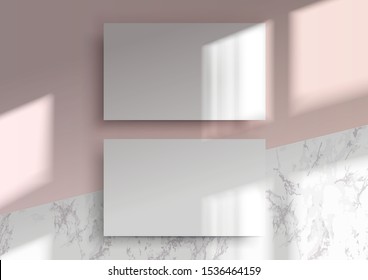 Business card Mockup. Natural shade from above. Realistic vector illustration. Scene shadows from the window. Business cards 3.5x2 inch. Minimal and clean layout and marble background.