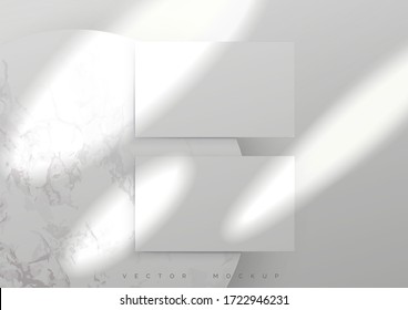 Business card Mockup. Sunray. Transparent shadow on white marble background. Overlay of the shadows of natural lighting. Photorealistic vector illustration. Scene shadows and Sunbeams from the window.