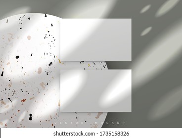 Business card Mockup. Sunrays. Marble podium. Transparent shadow. Overlay of the shadows of natural lighting. Photorealistic vector illustration. Scene shadows and Sunbeams from the window.
