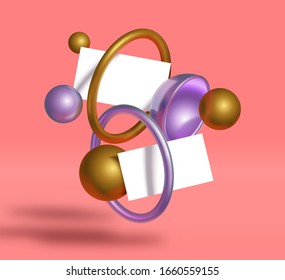 Visitenkarten-Mockup Template-Vektorillustration mit 3D-realistischen pastellfarbenen holografischen und goldabstrakten geometrischen Dekorationen