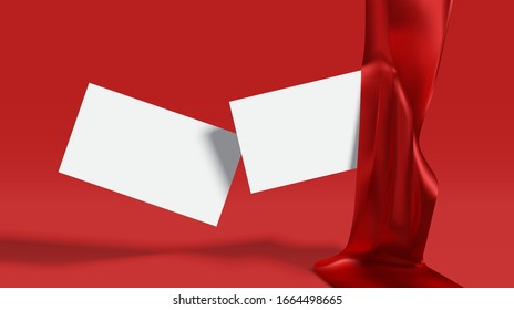 Business Card Mockup Vector With 3d Realistic Red Luxury Satin Cloth Drape